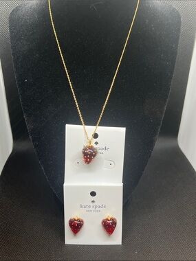 kate spade gold-tone red strawberry pendant necklace with matching stud earrings